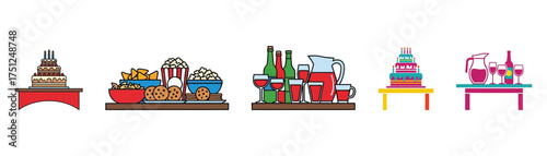 Illustration of a party buffet with cake, popcorn, cookies, drinks, and wine, perfect for celebrations and gatherings with friends and family transparent background