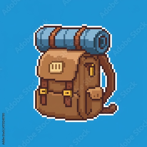A pixel art illustration of a camping backpack with a sleeping bag strapped to the top. The object is drawn in an 8-bit or 16-bit game style and has a white outline.