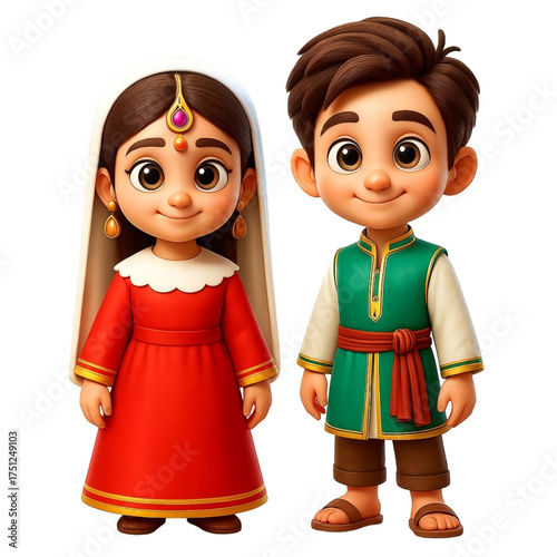Two Animated Children Stand Smiling and Girl Wears Red Dress and Headscarf and adorned With Jewel and Boy is in Green Tunic With sandals
