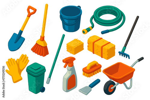 Chicken Coop Cleaning Tools. Isometric vector illustration set Chicken Coop Cleaning: shovel, broom, bucket, water hose,