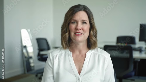 Businesswoman speaking in a modern office for a corporate testimonial or interview