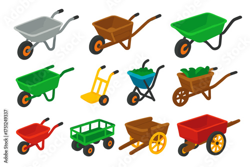 Vibrant Garden Wheelbarrows. Isometric vector illustration set Garden Wheelbarrows: classic metal wheelbarrow, wooden wheelbarrow,