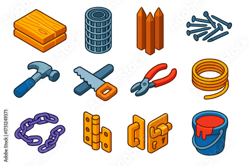 Farm Fence Supplies. Isometric vector illustration set Farm Fence Materials: wooden planks, metal mesh roll, fence posts, nails,