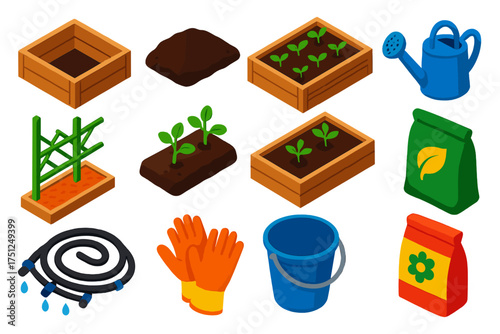 Vibrant Garden Bed Icons. Isometric vector illustration set Raised Garden Beds: wooden bed, soil fill, sprouts, seedlings,