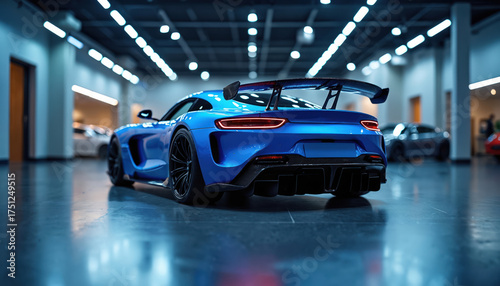 Shiny blue sports car with spoiler displayed indoors. Vehicle has sleek design, modern lighting, and performance aerodynamics. Other autos visible in background showroom.