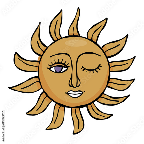 Beautiful Yellow Sun with Face. Mystic Symbol