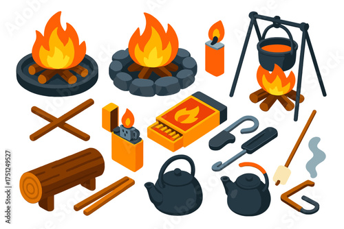 Campfire Essentials Icons. Isometric vector illustration set Campfire Essentials: fire pit, stone ring, tripod stand, cooking pot,