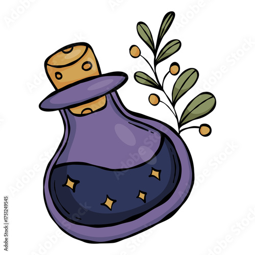 Magic Bottle with Plant Branch. Witch Love Elixir. Color Textured Hand Drawn Doodle