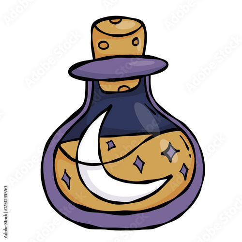 Magic Bottle with Moon Crescent . Witch Elixir. Color Textured Hand Drawn Doodle