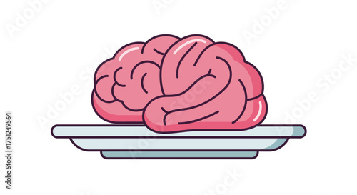 A pink cartoon brain is served on a white plate, symbolizing the concept of eating brains.