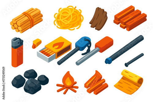 Fire Starting Kit. Isometric vector illustration set Fire Starting Kit: kindling bundle, tinder nest, dry bark, fatwood sticks,