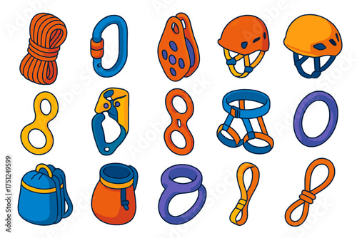 Adventure Gear Essentials. Isometric vector illustration set Adventure Rope Kit: climbing rope, carabiner, pulley block,