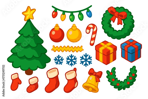 Festive Holiday Icons. Isometric vector illustration set Christmas Decorations: Christmas tree, baubles, string lights, tinsel,