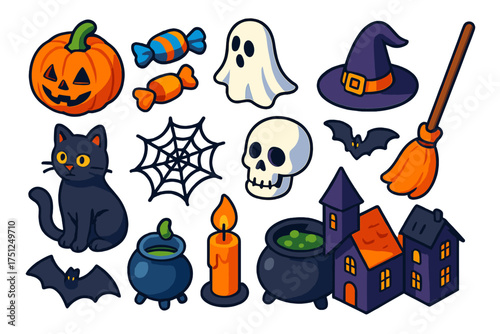 Halloween Icon Set. Isometric vector illustration set Trick-or-Treat Essentials: pumpkin lantern, candy pieces, ghost decoration,