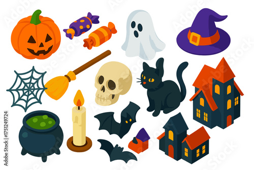Halloween Icon Set. Isometric vector illustration set Trick-or-Treat Essentials: pumpkin lantern, candy pieces, ghost decoration,