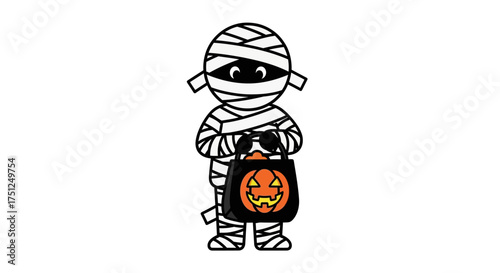 A cute cartoon mummy character holding a pumpkin trick-or-treat bag for Halloween.