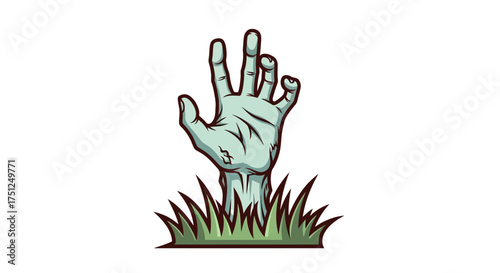A zombie hand emerging from the ground, surrounded by green grass, reaching upwards.