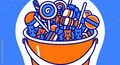 Illustration of a bucket filled with various candies, lollipops, and gummy bears.