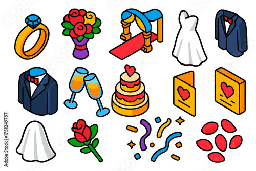 Vibrant Wedding Icon Set. Isometric vector illustration set Nuptial Icons Set: wedding ring, bouquet, aisle, bride dress, groom
