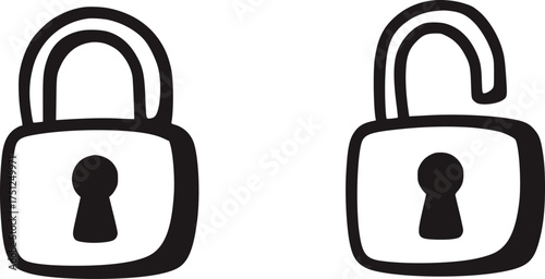 Black and white illustration of two padlocks one locked one unlocked security safety