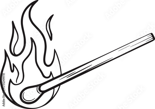 Black and white line drawing of a burning matchstick fire flame