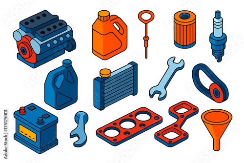 Bright Car Essentials Icons. Isometric vector illustration set Car Service Essentials: engine, oil, dipstick, filter, coolant,