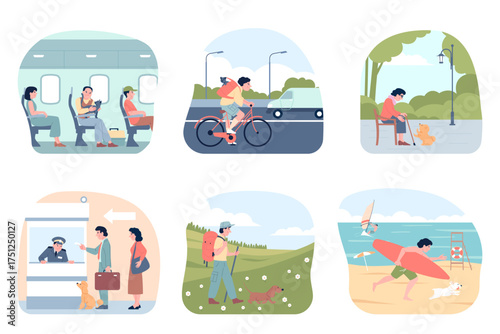 Vacations with pets. Happy owners hiking walking, rest on beach with dogs. Man travel with cat on plane or train, on railway station with puppy, recent vector scenes