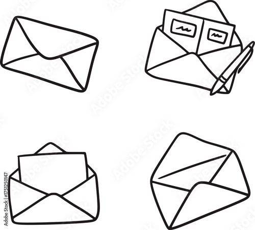 Black and white line drawings of envelopes and correspondence letter postcard