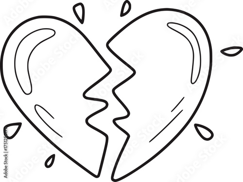 Broken heart with tears doodle black and white