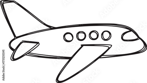 Simple black and white line drawing of a jet airplane aircraft travel