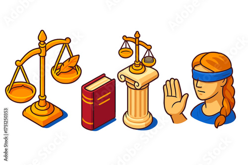 Symbolic Justice Icons. Isometric vector illustration set Justice and Fairness Symbolism: golden balance scale, feather on one pan