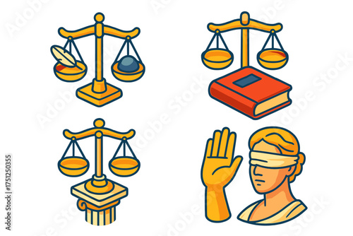 Symbolic Justice Icons. Isometric vector illustration set Justice and Fairness Symbolism: golden balance scale, feather on one pan