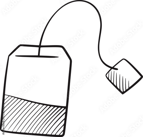 Simple black and white line drawing of a tea bag beverage drink