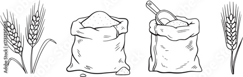 Wheat stalks and bags of flour with scoop grain sack