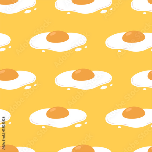 Fried eggs seamless pattern. Cartoon breakfast meal, egg with yolk, sunny side up. Protein popular fresh food. Print for fabric, web side, vector background