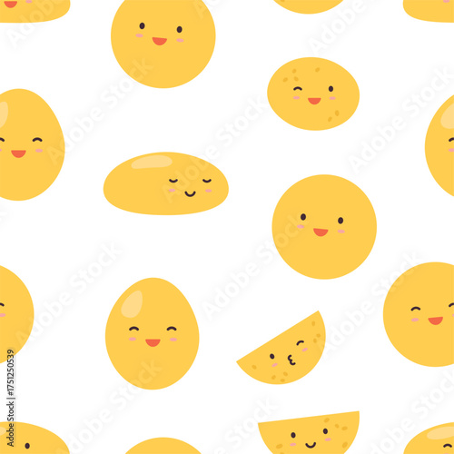 Funny yellow faces seamless pattern. Kawaii characters, abstract sun or egg yolk. Trendy design print for fabric wallpaper wrapping, vector background