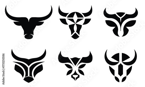 Minimal Black Bull Head Logo in Abstract Geometric Style set vector 