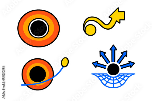 Event Horizon Icons. Isometric vector illustration set Event Horizon Physics: threshold ring of no return, light ray curving