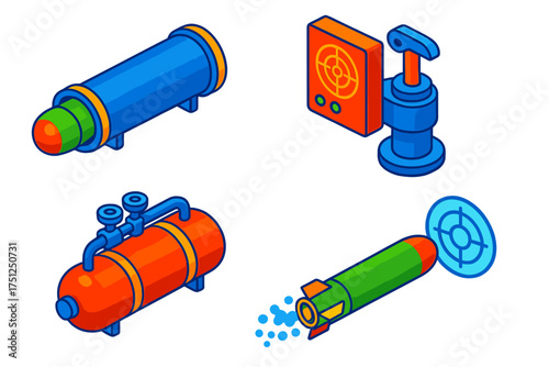Torpedo Launch System. Isometric vector illustration set Torpedo Launch System: loaded torpedo tube, firing mechanism, compressed