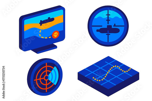 Isometric Submarine Interface. Isometric vector illustration set Tactical Submarine Display: screen showing depth layers, enemy
