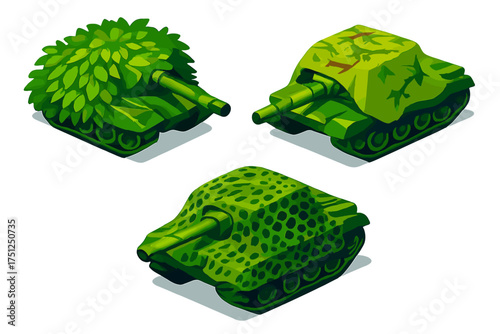 Military Camouflage Vehicles. Isometric vector illustration set Military Vehicle Camouflage: tank silhouette in foliage cover,