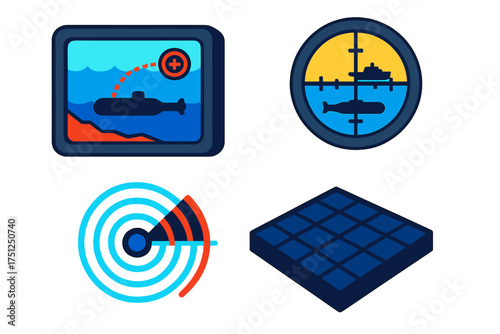 Isometric Submarine Interface. Isometric vector illustration set Tactical Submarine Display: screen showing depth layers, enemy