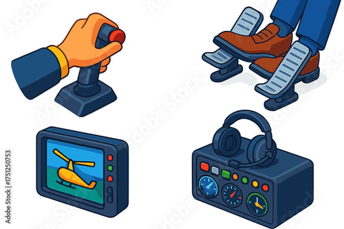 Colorful Cockpit Controls. Isometric vector illustration set Pilot Operating Controls: cockpit hand gripping throttle, foot pedals