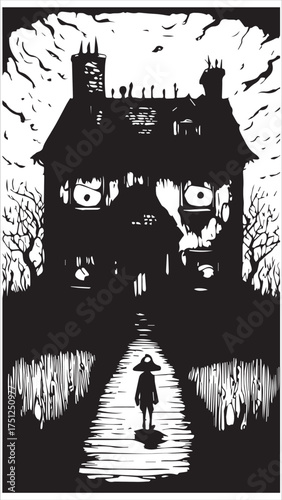 Dark Haunted House with Silhouette Figure Traced Art Vector