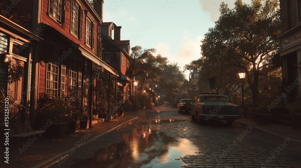 Fototapeta premium vintage colonial town in dreamy cinematic light, film still aesthetic