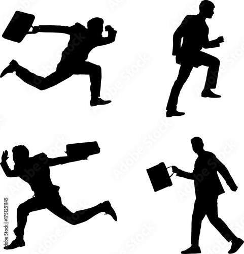 Vector art of four silhouettes of businessmen running with briefcases