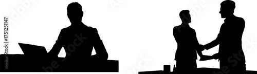 Vector art of silhouette of two business men shaking hands and one man working on a laptop