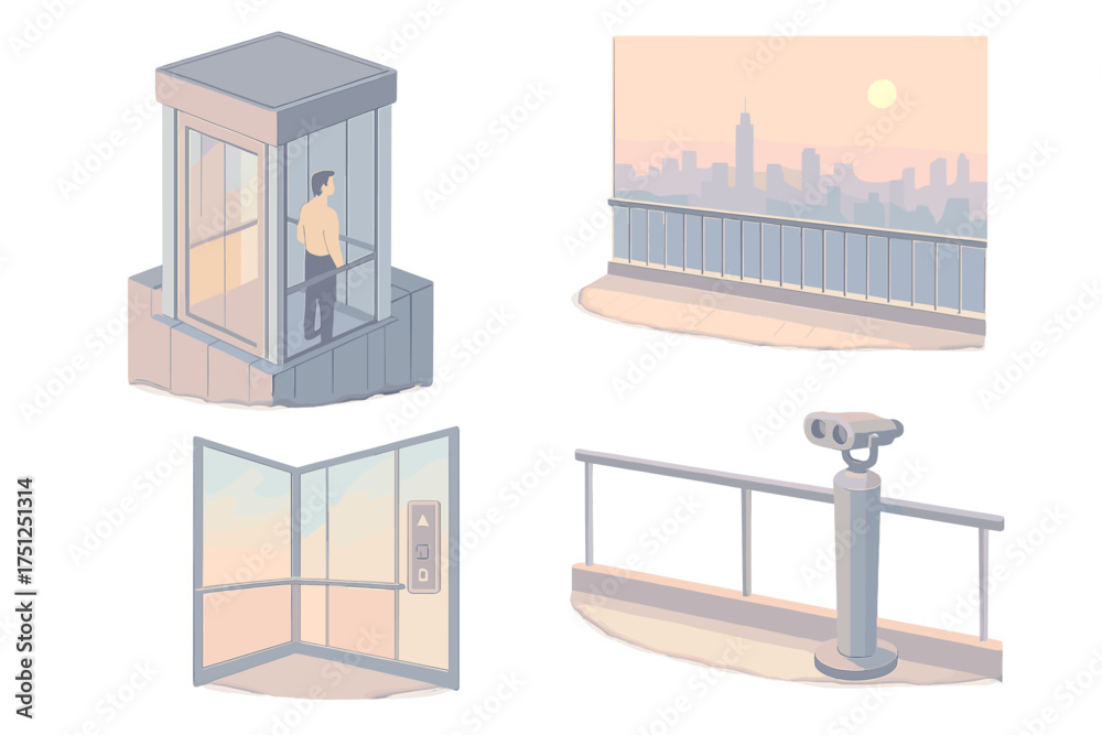 Fototapeta premium Skyscraper Observation Elevator. Isometric vector illustration set Skyscraper Observation Elevator: glass lift at top floor,