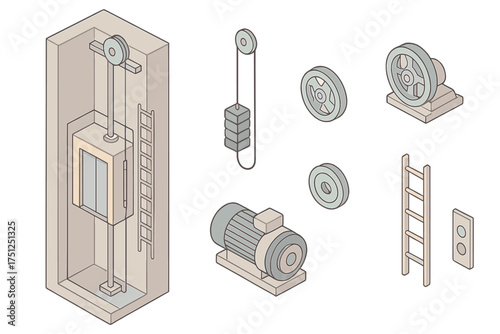 Elevator Mechanics Illustration. Isometric vector illustration set Elevator Mechanics in Towers: elevator shaft cutaway view,
