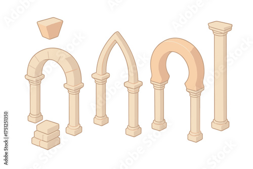 Architectural Arch Styles. Isometric vector illustration set Architectural Arch Styles: round Roman arch, pointed Gothic arch,